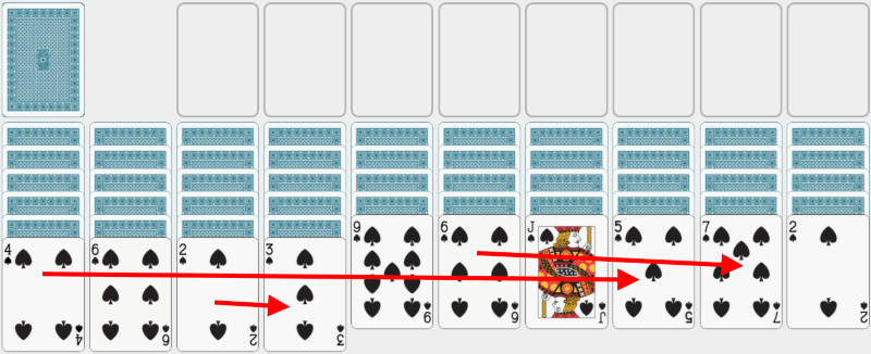 Spider Solitaire, solving example, one color, section 1