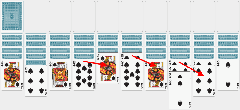 Spider Solitaire, solving example, one color, section 3