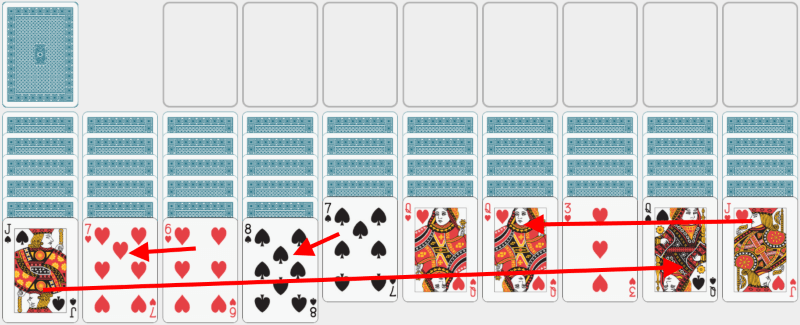 Spider Solitaire, solving example, two colors, section 1