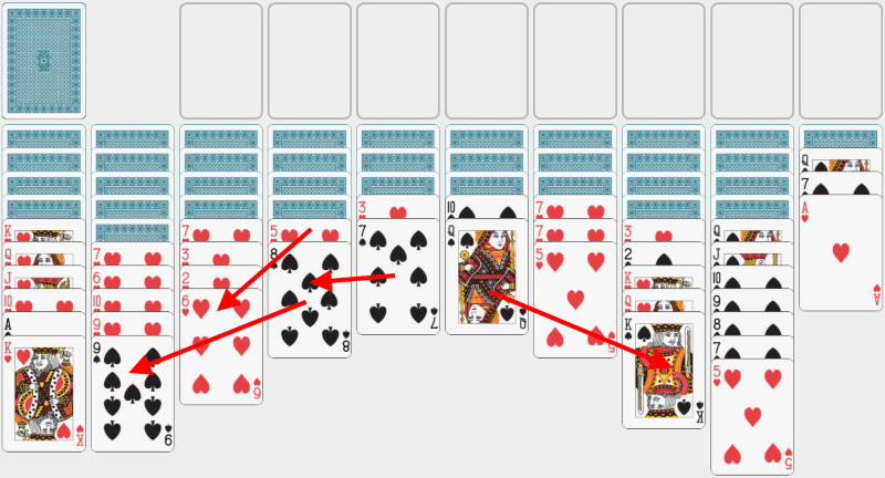 Spider Solitaire, solving example, two colors, section 9